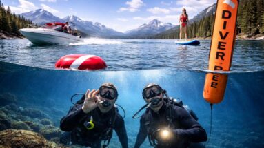 Lake scene with watercraft and divers