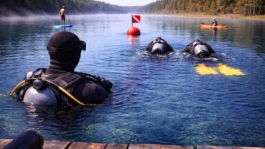 Divers going to flag, watercraft