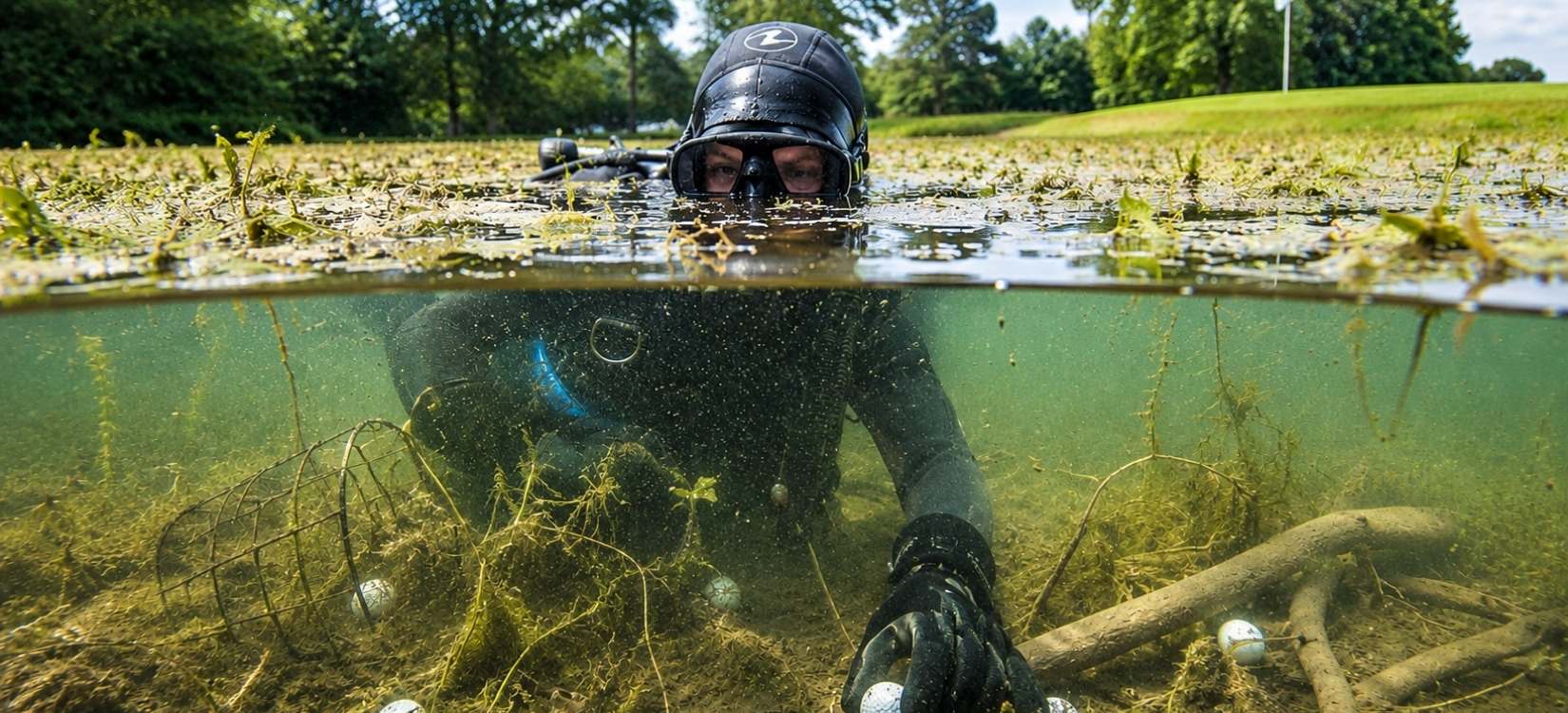 Diver in a golf course pond Golf ball diving