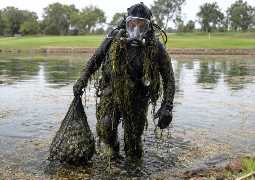 Diver walking out of golf course pond Golf pond diver